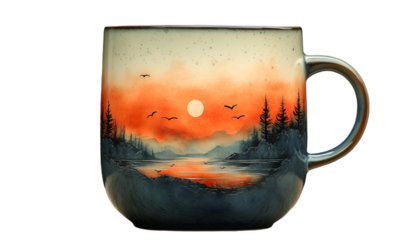 a mug with a sunset and trees

