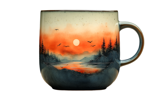 a mug with a sunset and trees

