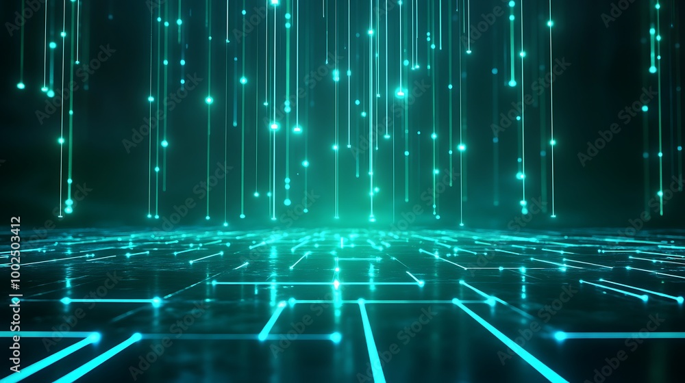 Poster futuristic digital landscape with glowing lines and particles, creating a mesmerizing tech ambiance.