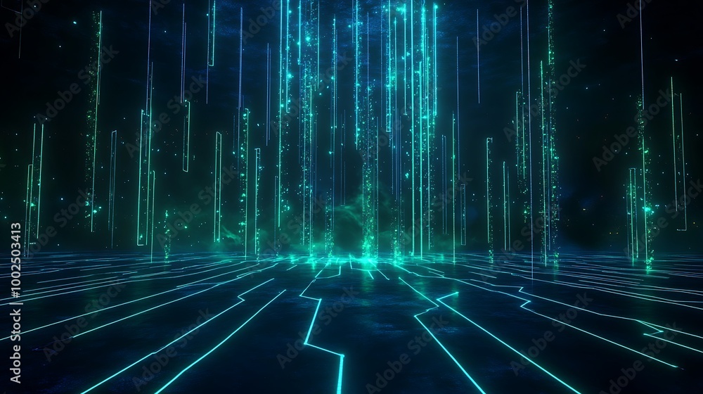 Poster futuristic digital landscape with glowing lines and particles, creating a stunning virtual reality e
