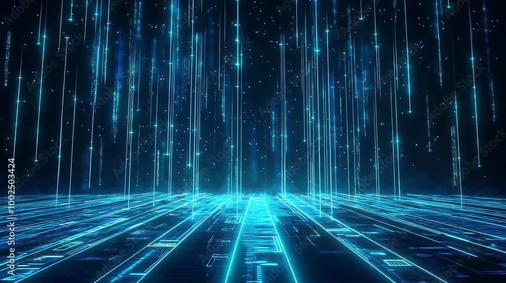 Poster futuristic digital landscape with glowing lines and patterns in a dark environment.