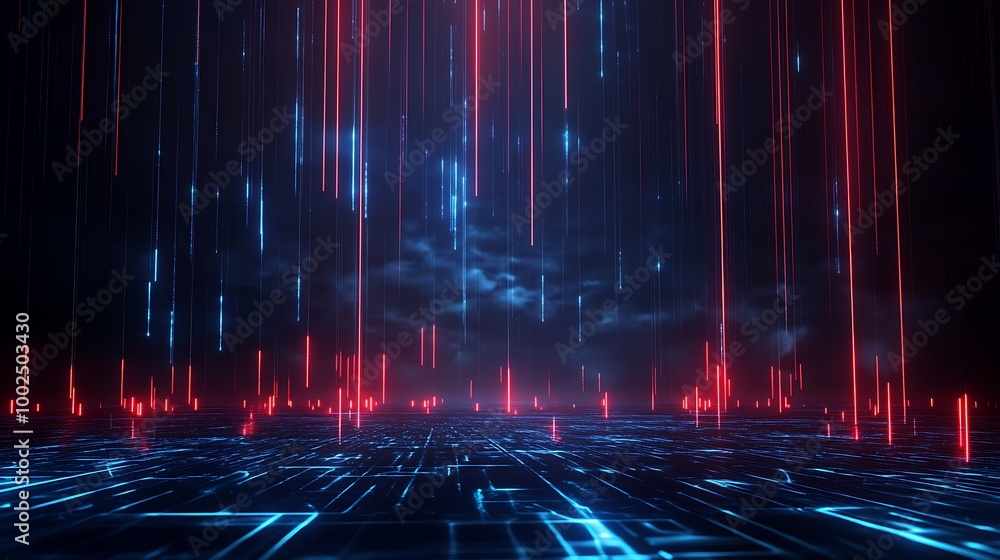 Aufkleber futuristic digital landscape with glowing lines and patterns in red and blue.