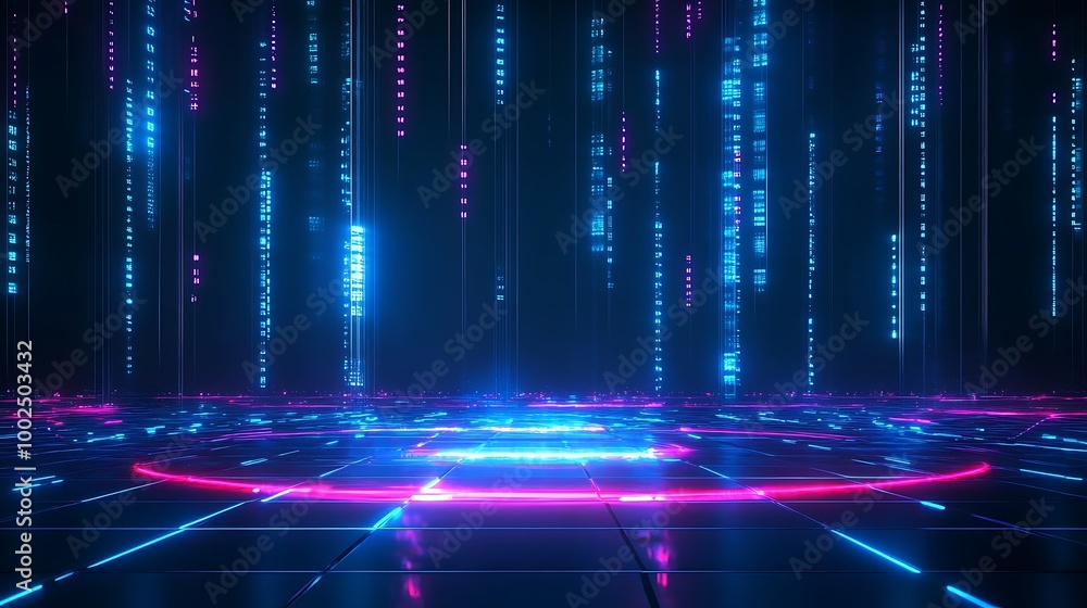 Poster futuristic digital landscape with glowing lines and patterns in vibrant colors on a dark background.