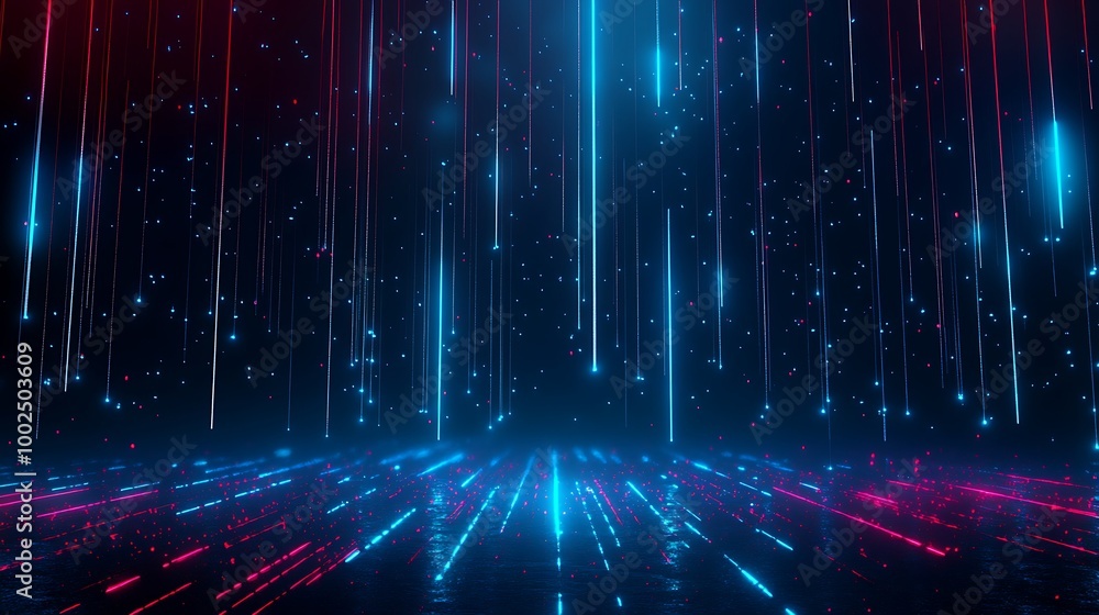 Poster futuristic digital landscape with glowing lines and vibrant colors against a dark backdrop, creating