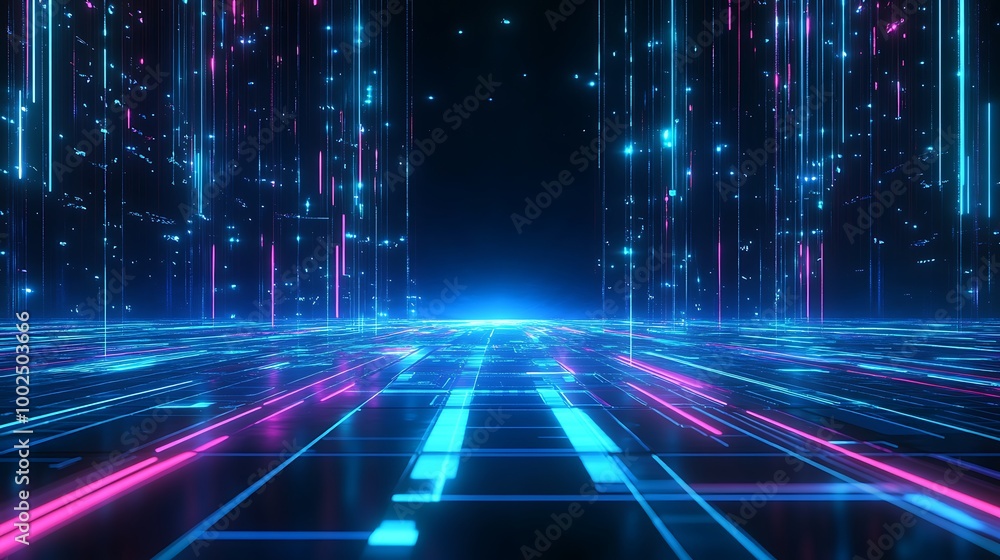Poster futuristic digital landscape with glowing lines and vibrant colors creating a sense of depth and mov