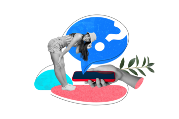 Poster banner collage of funny young lady use cell smart gadget chatting with customer support while reservation hotel