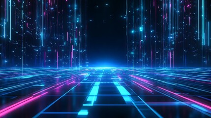 Futuristic digital landscape with glowing lines and vibrant colors creating a sense of depth and movement.