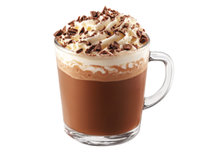 a glass cup of coffee with whipped cream and chocolate