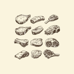 Set of meat engraving style design vector illustration