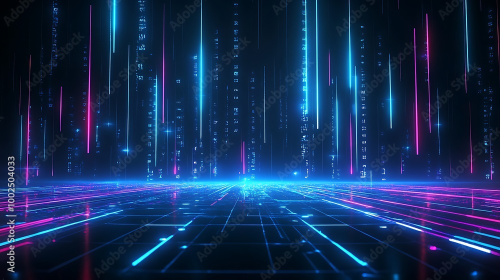 Poster futuristic digital landscape with glowing neon lines and a grid, creating a sci-fi atmosphere.