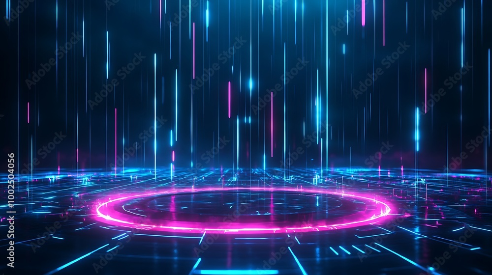 Poster futuristic digital landscape with glowing neon lines, creating vibrant patterns in a dark, immersive