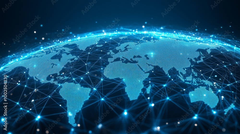 Poster global network. digital communication, world map with connections. technology background.