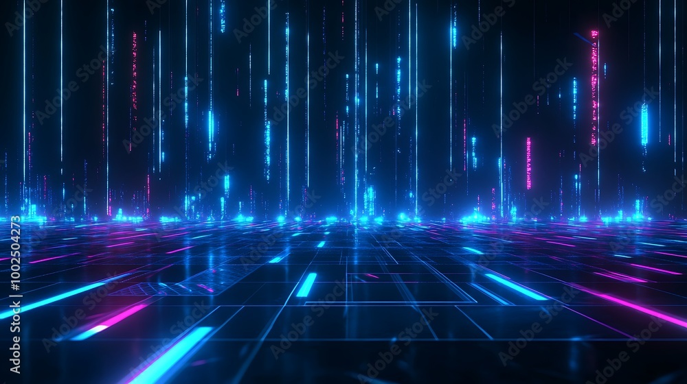 Poster futuristic digital landscape with glowing neon lines and high-tech grid in a deep space environment.