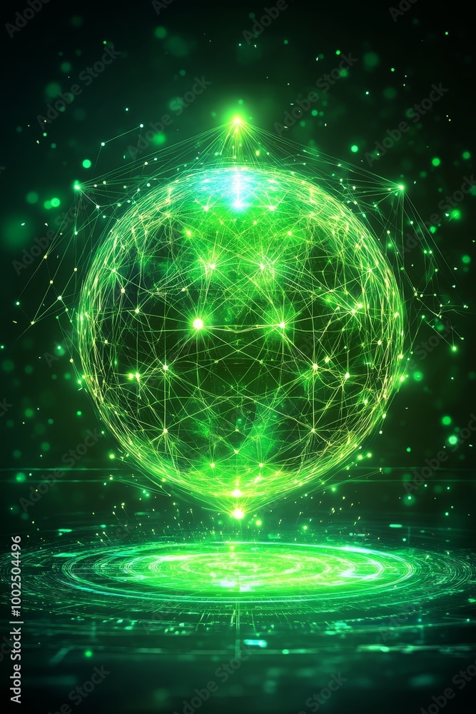 Poster digital globe on a glowing green tech background with connecting lines, abstract technology concept.