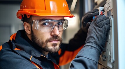 skilled male commercial electrician at work on an electrical fuse box, showcasing professionalism and safety while using electrical tools for repairs and installations