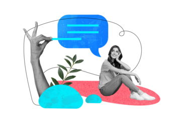 Advert drawing image collage of young lady looking at speech bubble summer resort travel ads