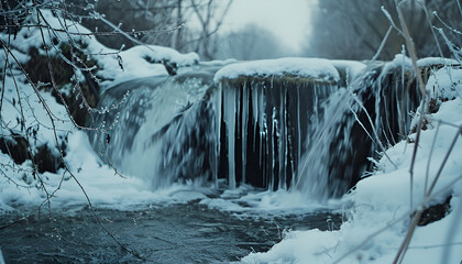 Tranquil Winter Waterfall with Icicles Surrounded by Snowy Landscape. Concept of Winter Serenity, Frozen Nature, Cold Beauty