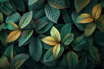Fototapeta premium Vibrant Green and Yellow Leaves with Detailed Texture: Botanical Photography for Nature-Inspired Design and Autumn Beauty