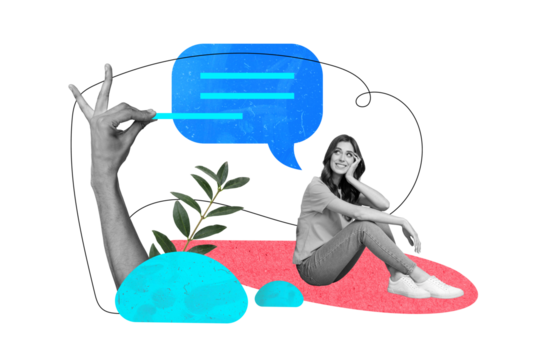 Advert drawing image collage of young lady looking at speech bubble summer resort travel ads