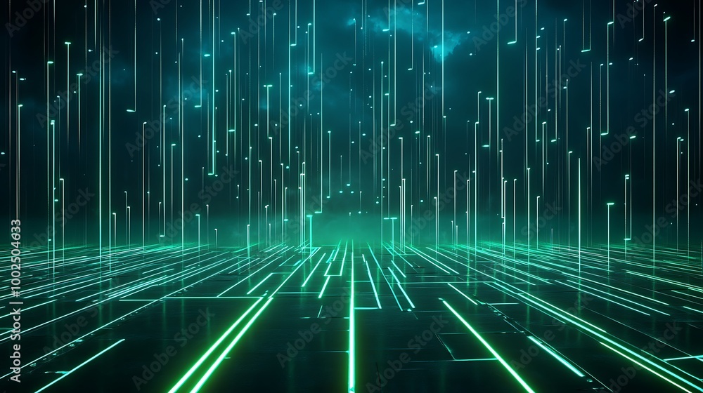 Poster futuristic digital landscape with green and blue lights, simulating data flow in a virtual environme