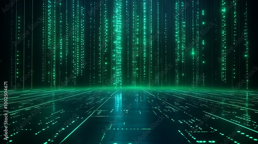 Poster futuristic digital landscape with green binary code rain and glowing data streams in a high-tech env