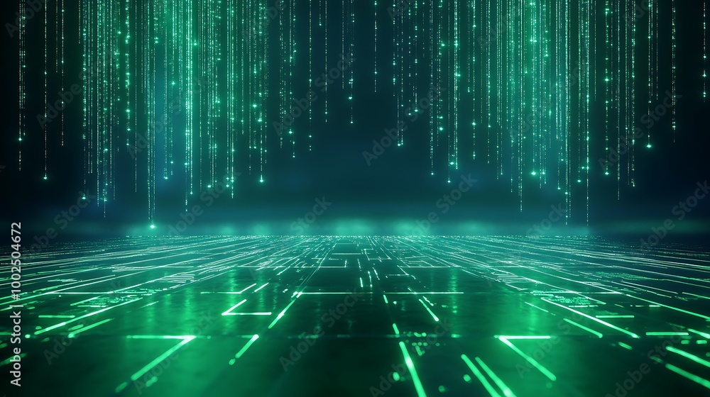 Poster futuristic digital landscape with green binary code cascading against a dark background.