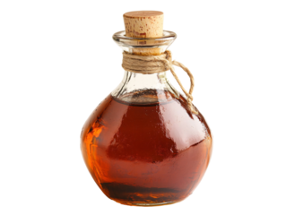 a glass bottle with brown liquid