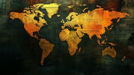 A gold and black painted world map with a lot of detail