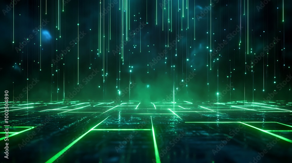 Poster futuristic digital landscape with green glowing lines and particles creating an immersive virtual en