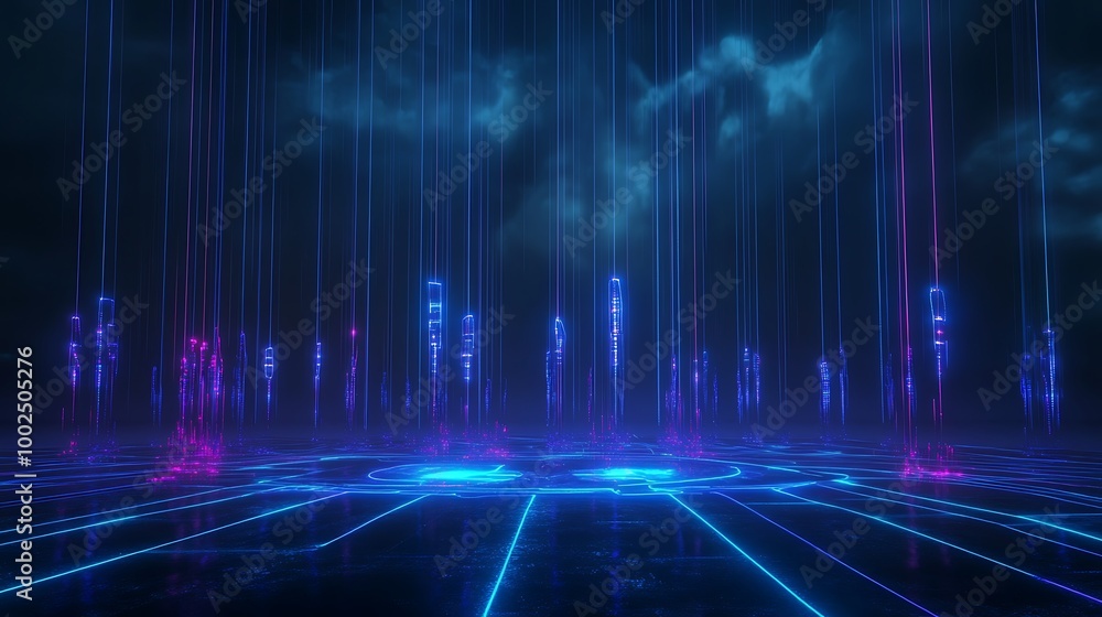 Poster futuristic digital landscape with neon lights and abstract patterns in a dark environment.
