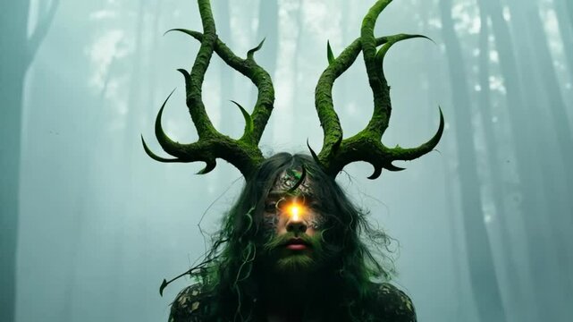 Horizontal Halloween video, faun with a beard and horns, with a female body in a green forest, mavka, mermaid, mythical creature