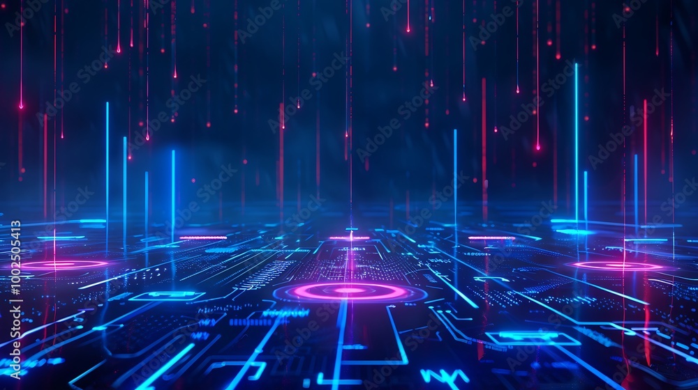 Aufkleber futuristic digital landscape with neon lights and data streams creating a vibrant, high-tech atmosph