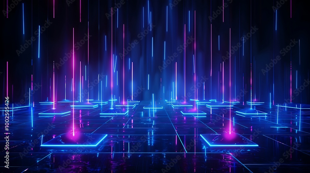 Poster futuristic digital landscape with neon lights and glowing elements in a dark environment, creating a