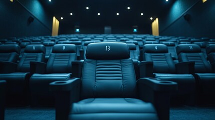 modern movie theater with stylish black leather seats arranged in rows, each with cup holders and numbered backrests, offering a premium and comfortable cinema experience