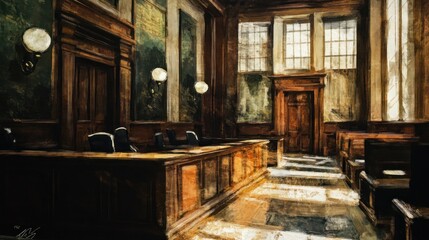 A Painted Depiction of a Room with Dark Wood Panels and Windows