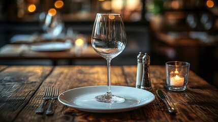 wooden table in a cozy restaurant with an elegant setting, featuring an empty wine glass, white plate, and silver cutlery, offering an inviting and refined dining environment