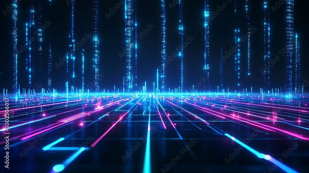 Poster futuristic digital landscape with neon lines and grids, creating a sense of depth and innovation in 