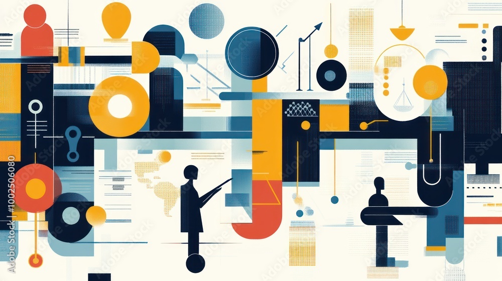 Poster abstract geometric composition with silhouettes of people and symbolic objects