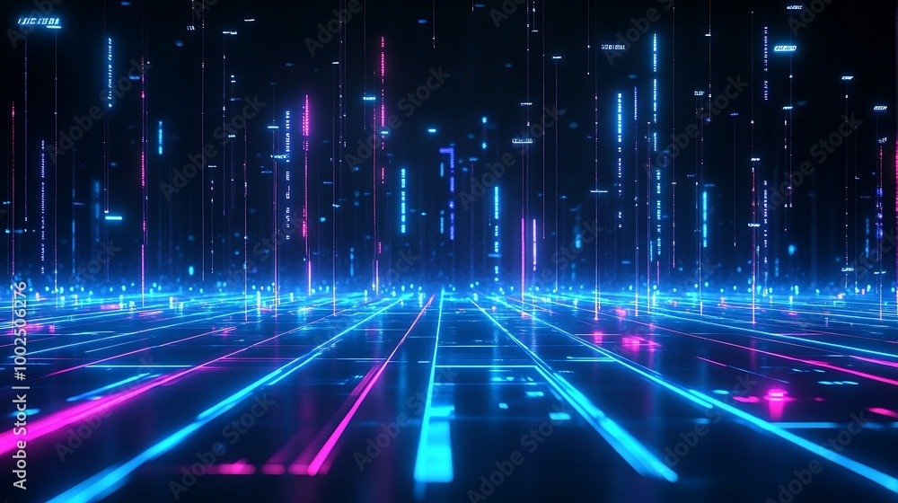 Poster futuristic digital landscape with vibrant blue and pink lines creating a mesmerizing grid pattern.