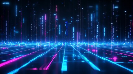 Futuristic digital landscape with vibrant blue and pink lines creating a mesmerizing grid pattern.