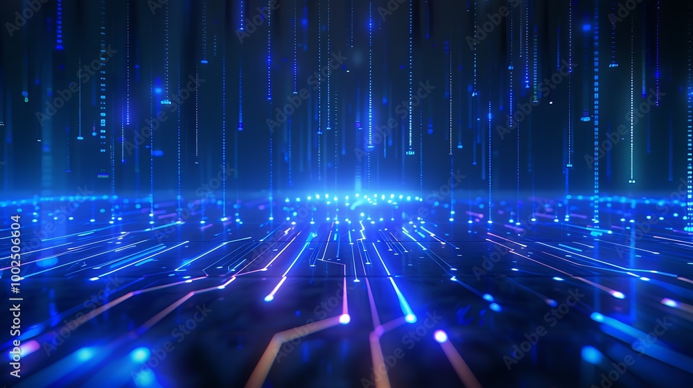Poster futuristic digital landscape with vibrant blue light beams and circuit lines creating a dynamic tech