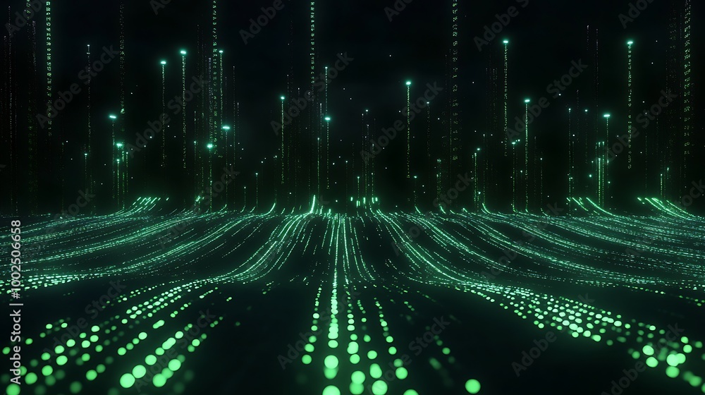Poster futuristic digital landscape with vibrant green lights creating an abstract visual effect.