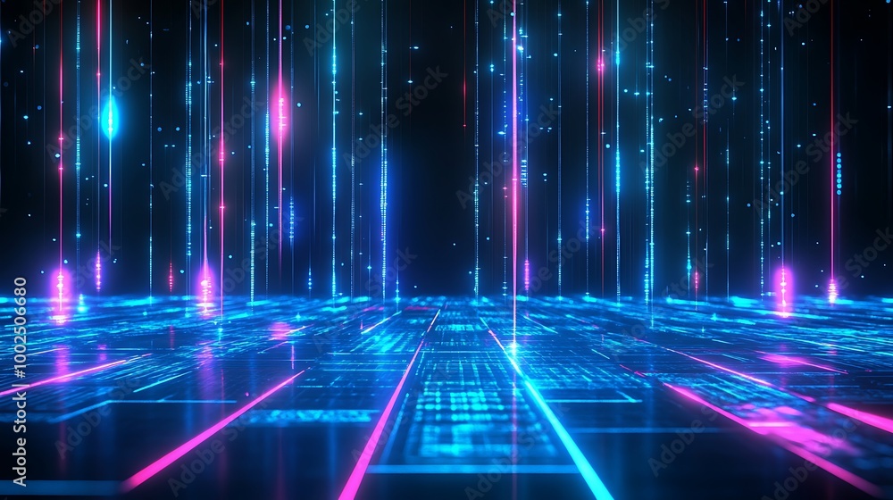 Poster futuristic digital landscape with vibrant neon light patterns over a grid-like surface, creating a s