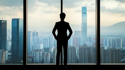 Fototapeta premium A businessman standing by a large glass window in a high-rise office, overlooking the city skyline, deep in thought as he strategizes his next move
