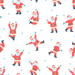 Happy Santa Claus seamless pattern. Christmas characters dancing, joyful Santa. Xmas print for wrapping fabric design, winter festive vector background