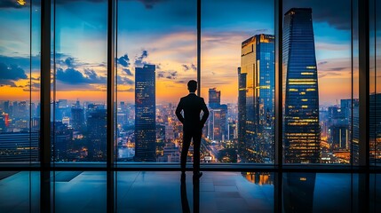 Fototapeta premium A businessman standing by a large glass window in a high-rise office, overlooking the city skyline, deep in thought as he strategizes his next move