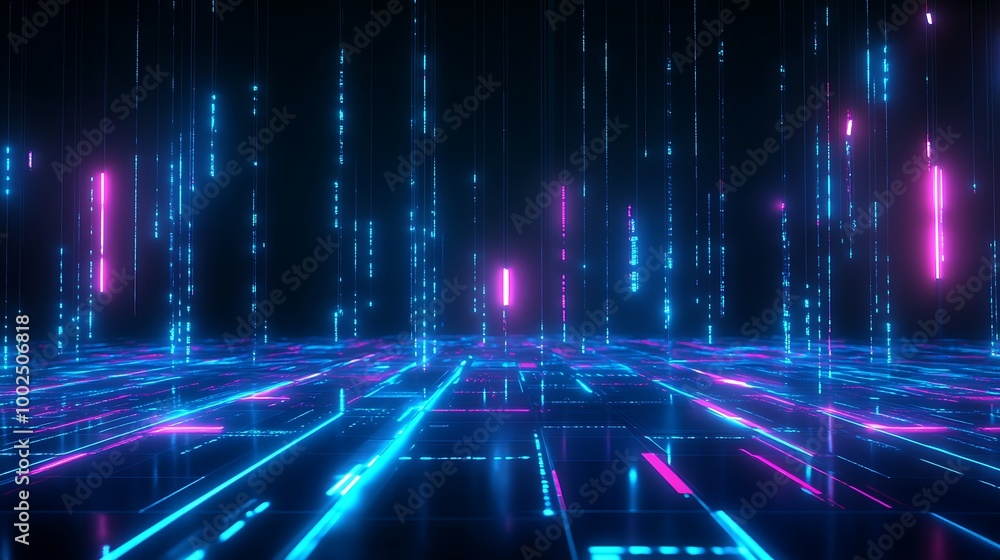 Poster futuristic digital landscape with vibrant neon lights and data streams in a dark environment.