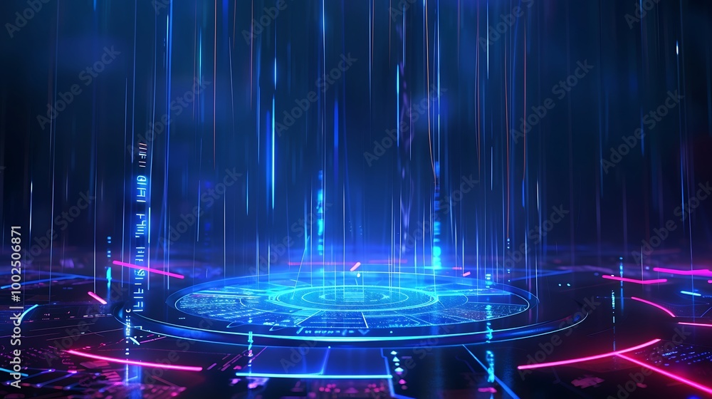 Poster futuristic digital landscape with vibrant neon lights and data streams, creating a mesmerizing visua