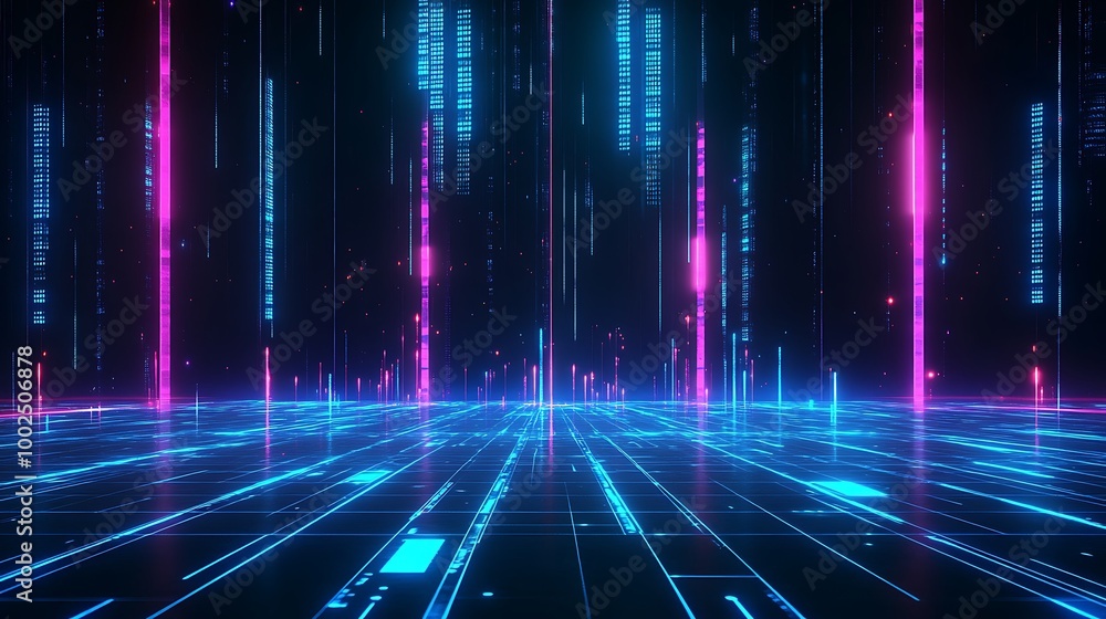 Poster futuristic digital landscape with vibrant neon lights and data streams, creating a high-tech atmosph