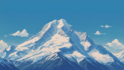Obraz premium a digital painting of a majestic mountain peak, with its snowy peak reaching towards a clear blue sky
